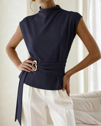 PRETTYGARDEN Women Blouses Spring Dressy Cap Sleeve Mock Neck Work Shirts Buckle Tunic Summer Business Casual Tops PRETTYGARDEN