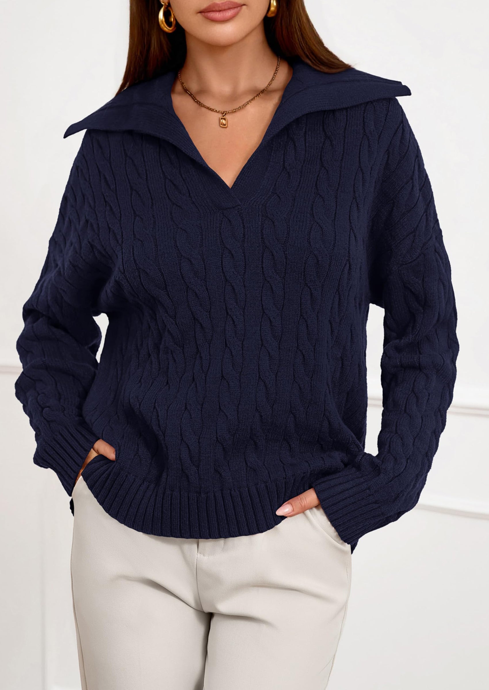 PRETTYGARDEN Fall Cable Knit Oversized Sweaters for Women Polo V Neck Long Sleeve Casual Chunky Sweater Pullover Tops PRETTYGARDEN