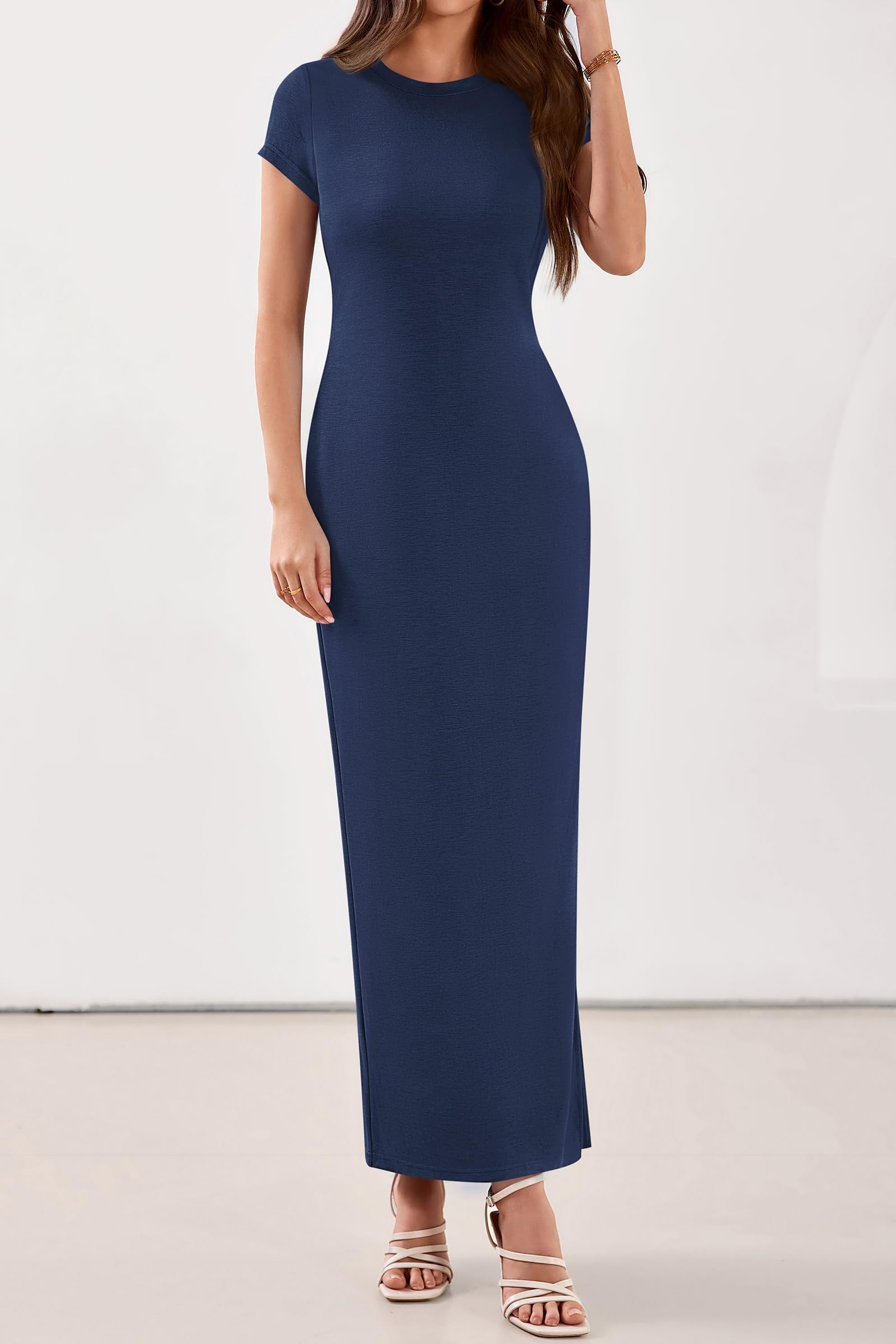 PRETTYGARDEN Womens Summer Maxi Dresses Casual Short Sleeve Crewneck Knit Slit T Shirt Dress Spring Long Beach Sundress PRETTYGARDEN