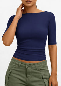 PRETTYGARDEN Womens Summer Short Sleeve Tops Boat Neck Ribbed Knit Slim Fit T Shirt Casual Basic Top Spring Clothes PRETTYGARDEN