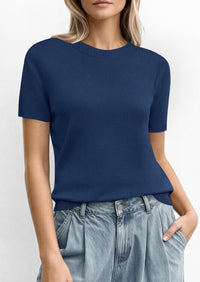 PRETTYGARDEN Women's Short Sleeve Sweaters Spring Crew Neck Knit Work Shirts Business Casual Tops Summer Fashion Clothes PRETTYGARDEN