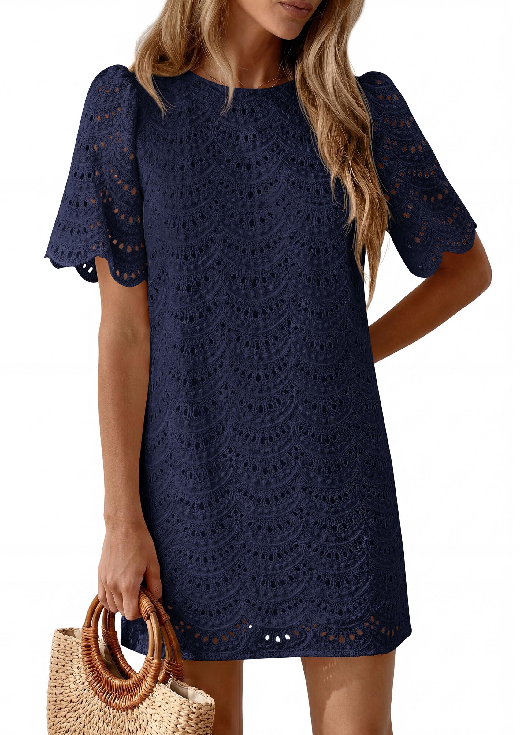 PRETTYGARDEN Women's Summer Casual Short Dresses Embroidered Lace Short Sleeve Boho Mini Dress Beach Vacation Clothes PRETTYGARDEN