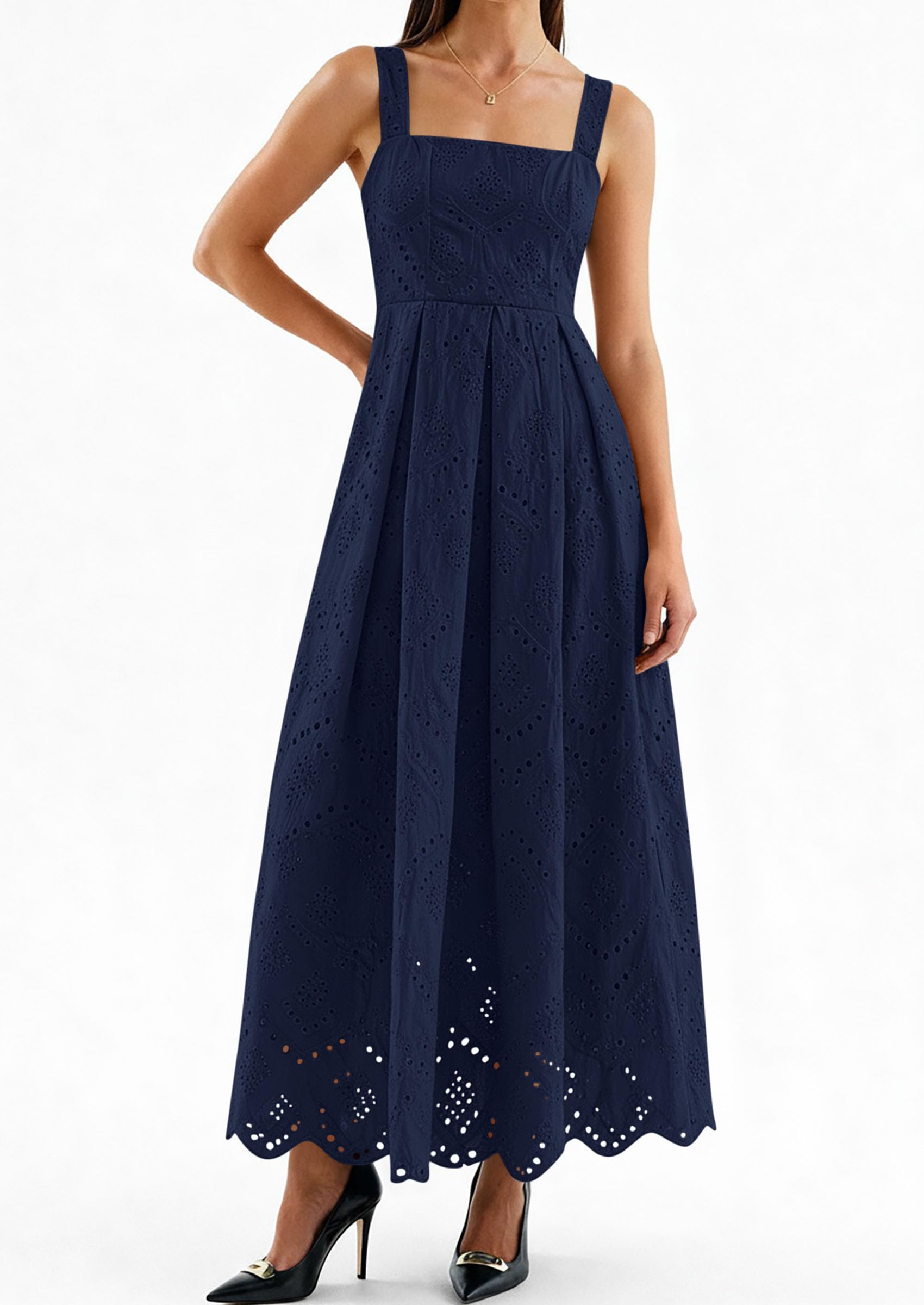 PRETTYGARDEN Womens Sleeveless Maxi Summer Dresses Hollow Out Eyelet Square Neck Ruffle Flowy Beach Vacation Sundress PRETTYGARDEN