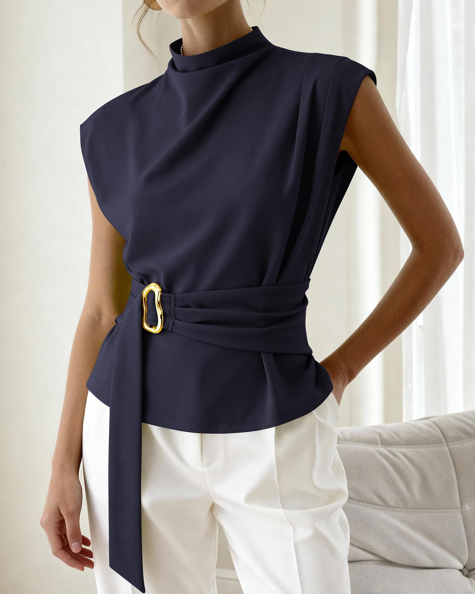 PRETTYGARDEN Women Blouses Spring Dressy Cap Sleeve Mock Neck Work Shirts Buckle Tunic Summer Business Casual Tops PRETTYGARDEN