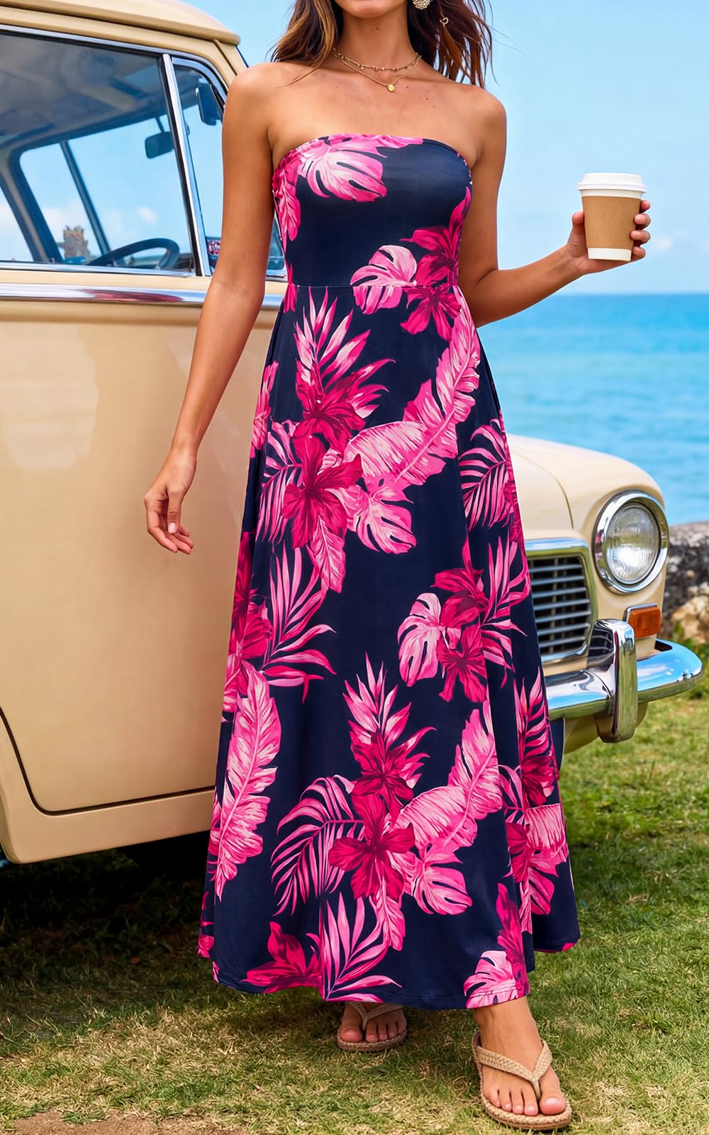 PRETTYGARDEN Sleeveless Floral Summer Maxi Dresses for Women Tube Top Flowy Long Dress Tropical Beach Vacation Clothes PRETTYGARDEN