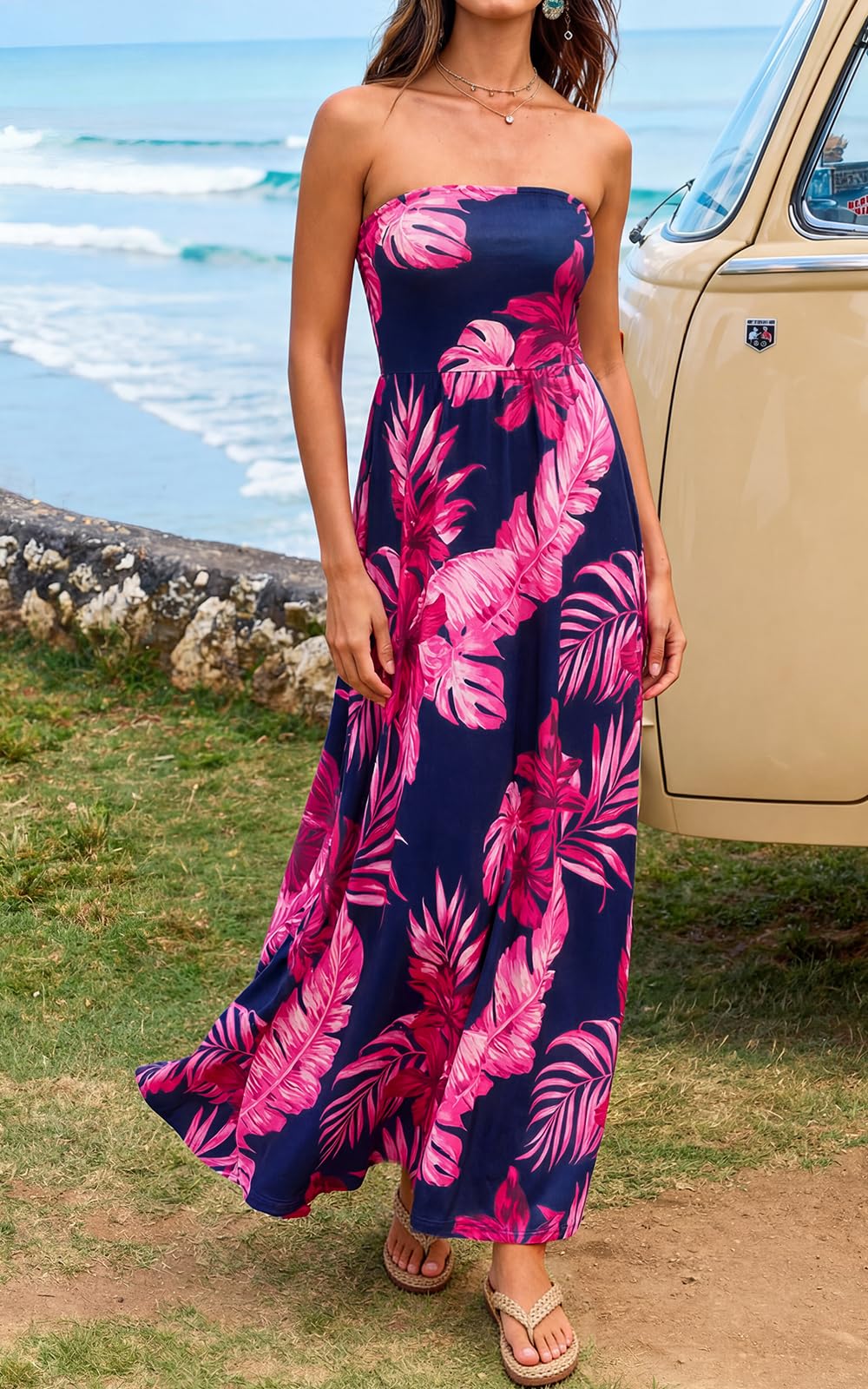 PRETTYGARDEN Sleeveless Floral Summer Maxi Dresses for Women Tube Top Flowy Long Dress Tropical Beach Vacation Clothes PRETTYGARDEN