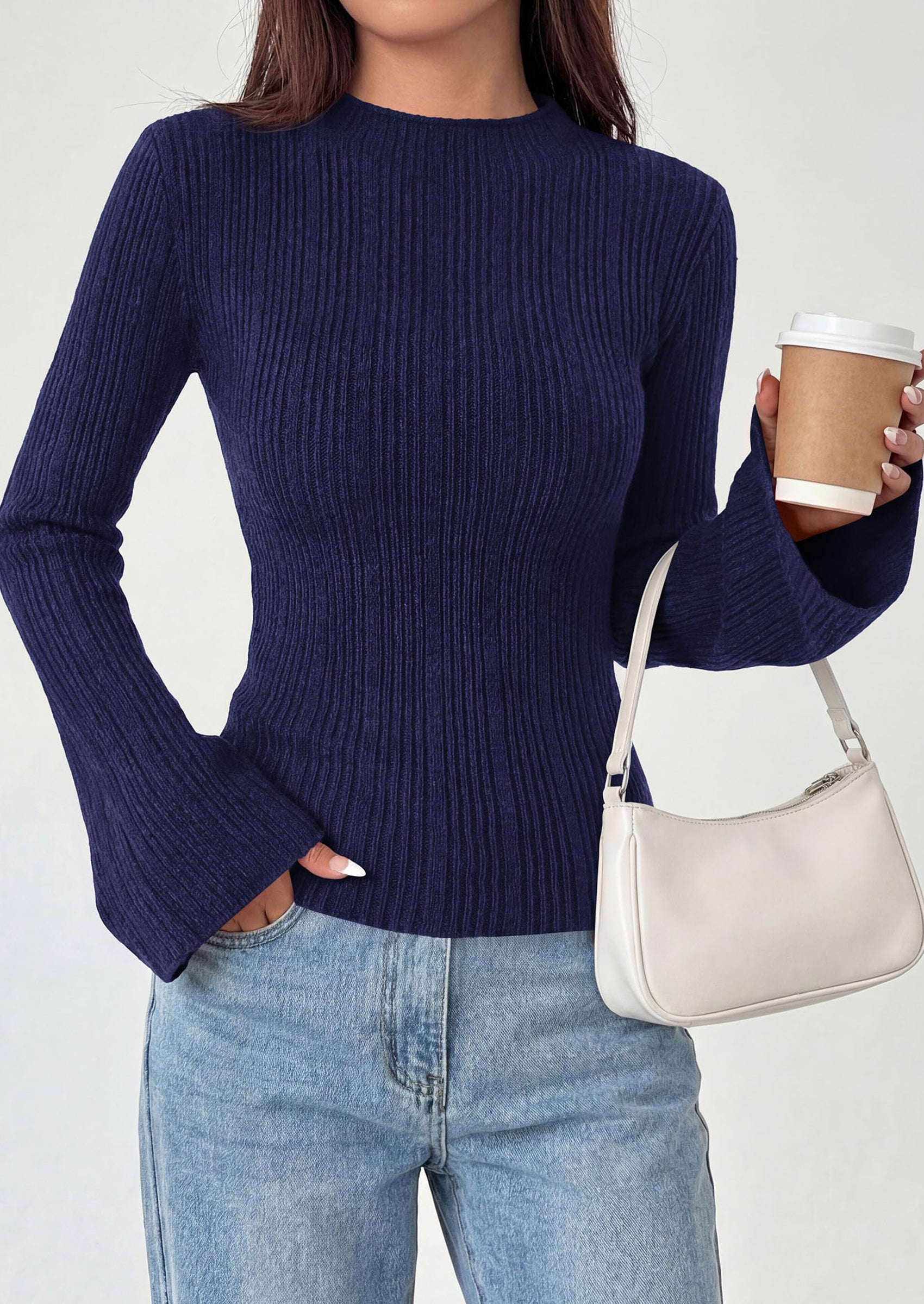 PRETTYGARDEN Sweaters for Women Lightweight Mock Neck Bell Long Sleeve Fitted Tops Ribbed Pullover Fall Fashion Clothing