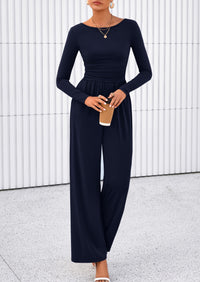 PRETTYGARDEN One Piece Jumpsuits for Women Dressy Casual Long Sleeve Crewneck Wide Leg Romper Overalls Spring Outfits