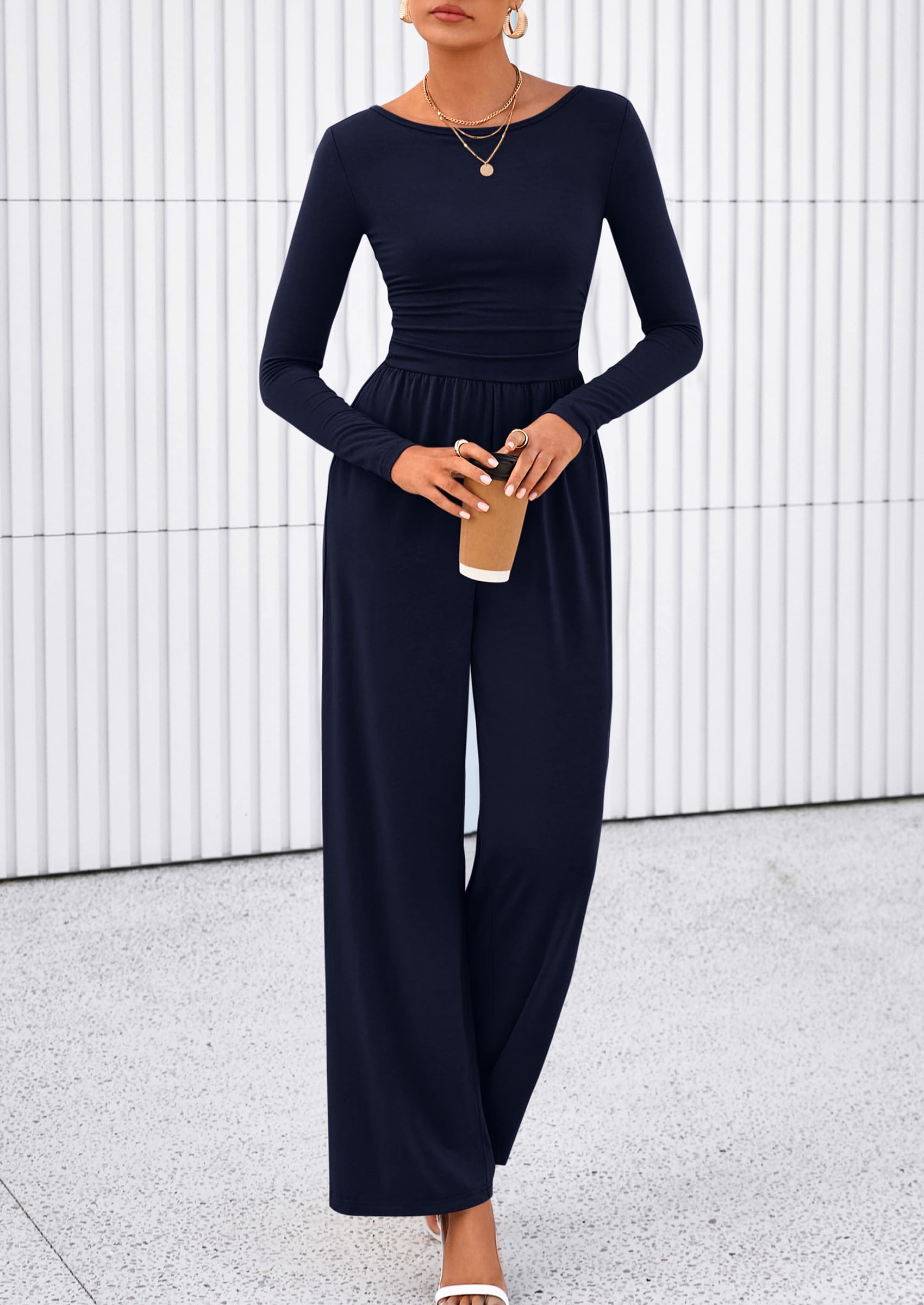 PRETTYGARDEN One Piece Jumpsuits for Women Dressy Casual Long Sleeve Crewneck Wide Leg Romper Overalls Spring Outfits