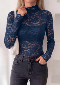 PRETTYGARDEN Womens Lace Long Sleeve Top Mesh Sheer Blouses Mock Neck See Through Slim Fitted Tops Fall Fashion Clothes