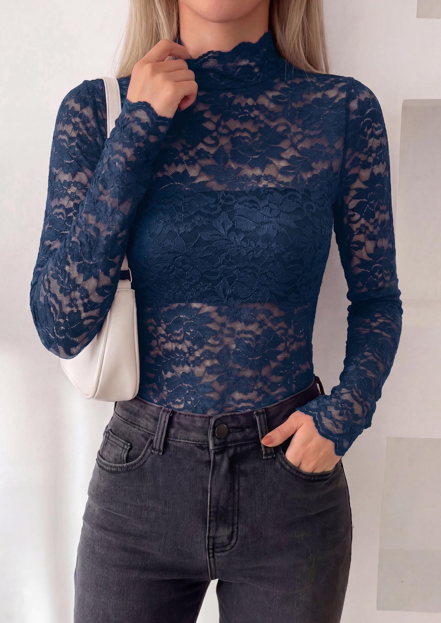 PRETTYGARDEN Womens Lace Long Sleeve Top Mesh Sheer Blouses Mock Neck See Through Slim Fitted Tops Fall Fashion Clothes