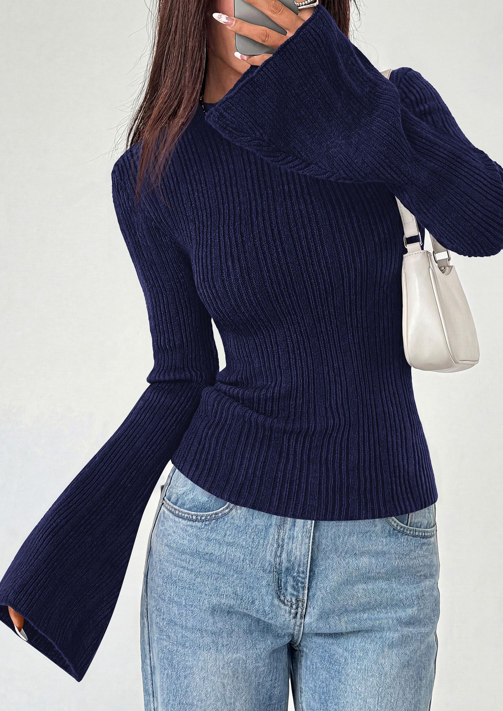 PRETTYGARDEN Sweaters for Women Lightweight Mock Neck Bell Long Sleeve Fitted Tops Ribbed Pullover Fall Fashion Clothing