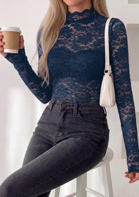 PRETTYGARDEN Womens Lace Long Sleeve Top Mesh Sheer Blouses Mock Neck See Through Slim Fitted Tops Fall Fashion Clothes