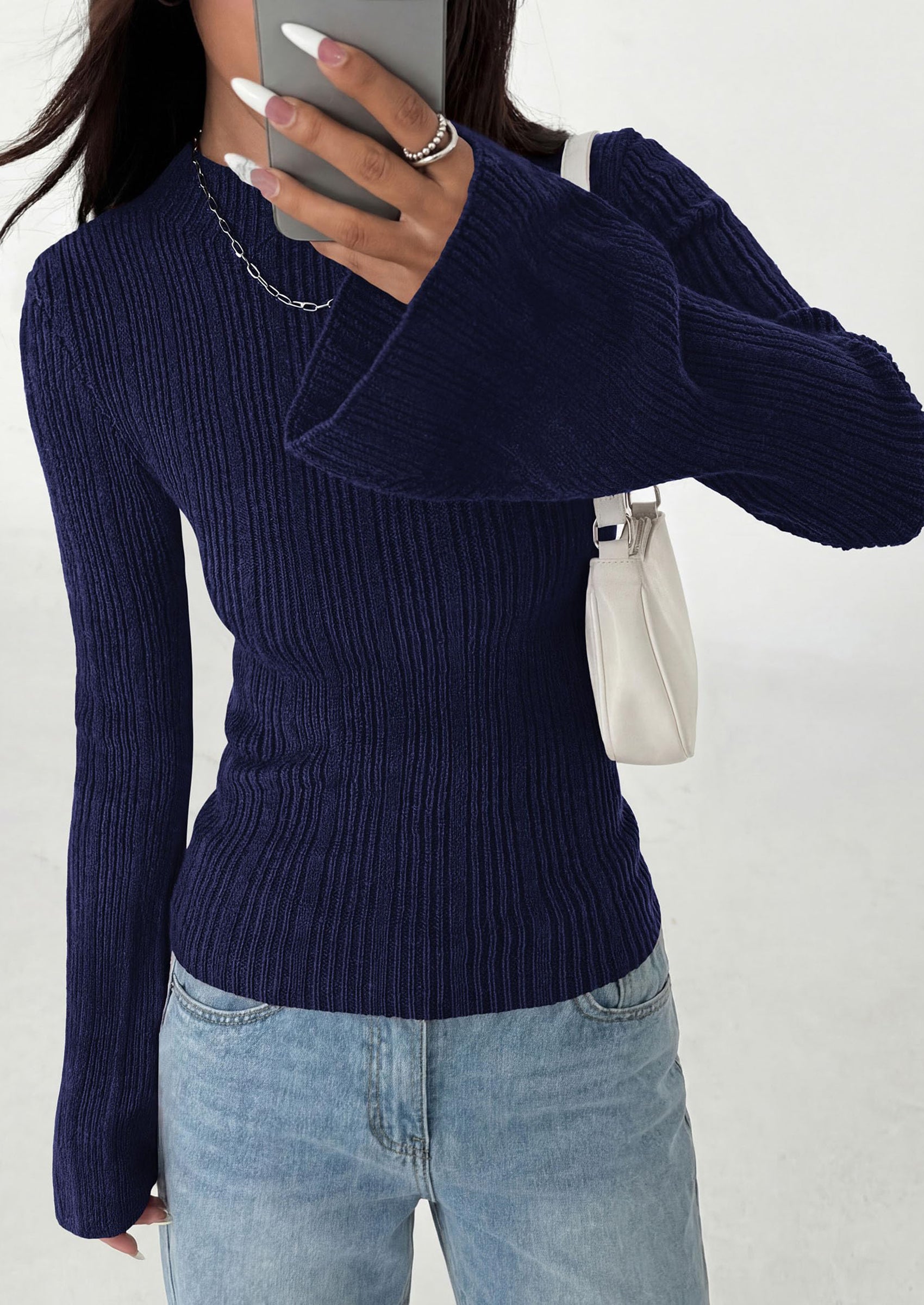 PRETTYGARDEN Sweaters for Women Lightweight Mock Neck Bell Long Sleeve Fitted Tops Ribbed Pullover Fall Fashion Clothing