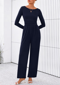 PRETTYGARDEN One Piece Jumpsuits for Women Dressy Casual Long Sleeve Crewneck Wide Leg Romper Overalls Spring Outfits