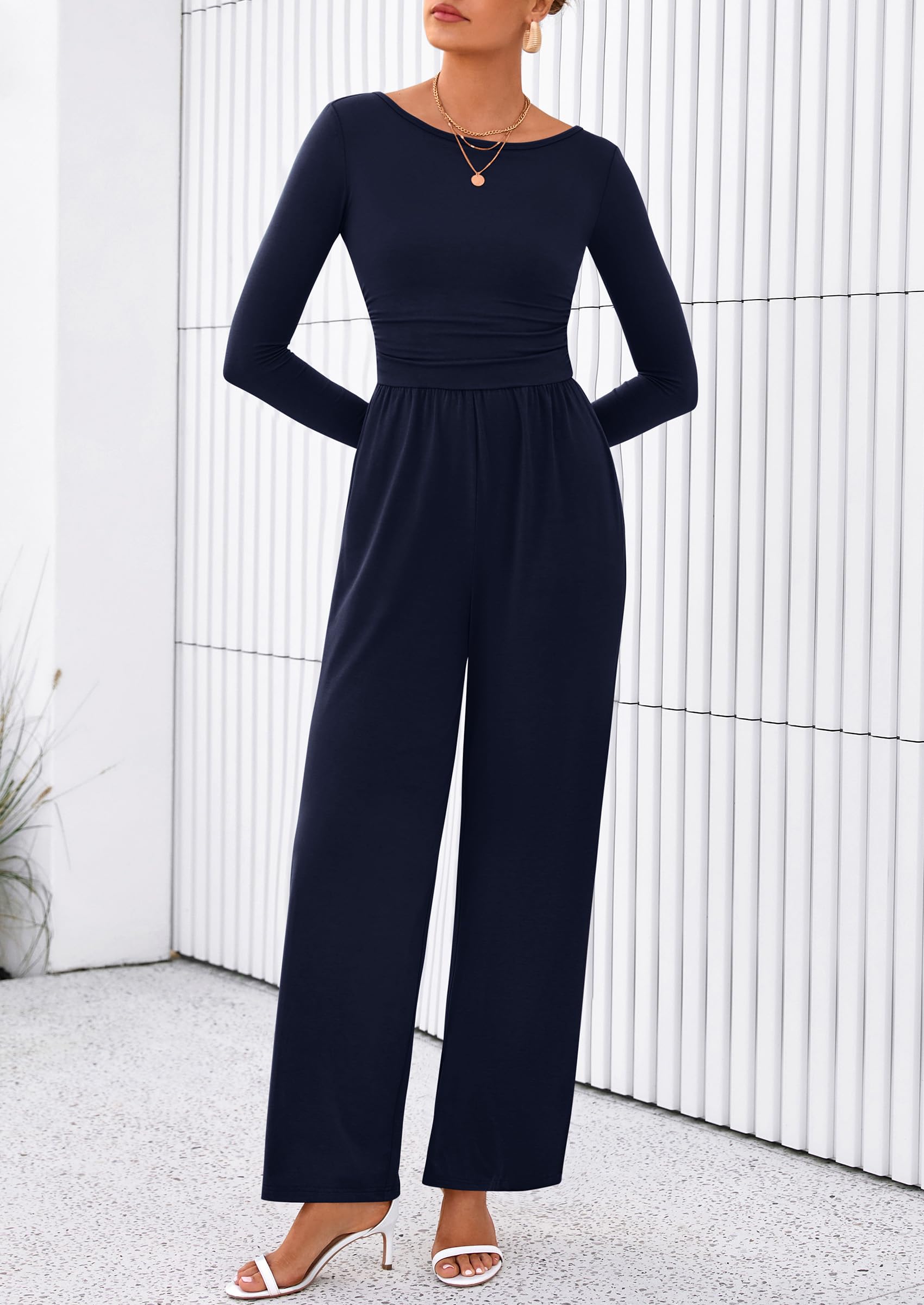 PRETTYGARDEN One Piece Jumpsuits for Women Dressy Casual Long Sleeve Crewneck Wide Leg Romper Overalls Spring Outfits