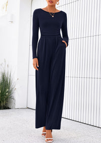 PRETTYGARDEN One Piece Jumpsuits for Women Dressy Casual Long Sleeve Crewneck Wide Leg Romper Overalls Spring Outfits