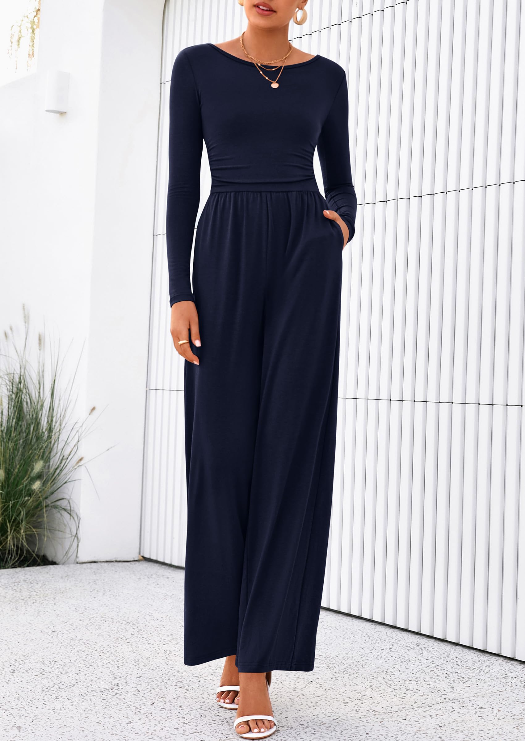 PRETTYGARDEN One Piece Jumpsuits for Women Dressy Casual Long Sleeve Crewneck Wide Leg Romper Overalls Spring Outfits