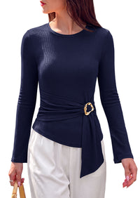 PRETTYGARDEN Long Sleeve Shirts for Women Asymmetricall Tops | Dressy Casual Blouses, Slim Fit Waist Tie Ruched Top, Soft ‌Stretchy, Going Out Work Office Outfit, 2026 Fall Fashion Clothes