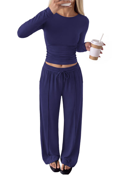 PRETTYGARDEN Women's Matching Lounge Sets 2 Piece Outfits  Boat Neck Long Sleeve Tops, Wide Leg Pants Pockets, Ruched Waist, Travel Airport Resort Wear, Casual Fall Fashion Clothing