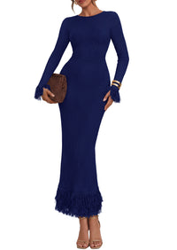 PRETTYGARDEN Womens Long Sleeve Bodycon Sweater Dress  Stretchy Ribbed Knit,Fringe Trim Cuffs & Hem,Slim Fit Crewneck,Date Night Outfits,Fall Winter Wedding Guest Cocktail Dresses