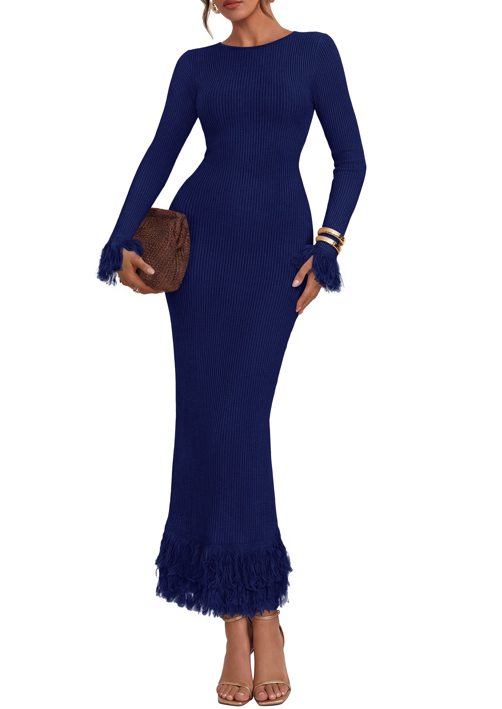 PRETTYGARDEN Womens Long Sleeve Bodycon Sweater Dress  Stretchy Ribbed Knit,Fringe Trim Cuffs & Hem,Slim Fit Crewneck,Date Night Outfits,Fall Winter Wedding Guest Cocktail Dresses