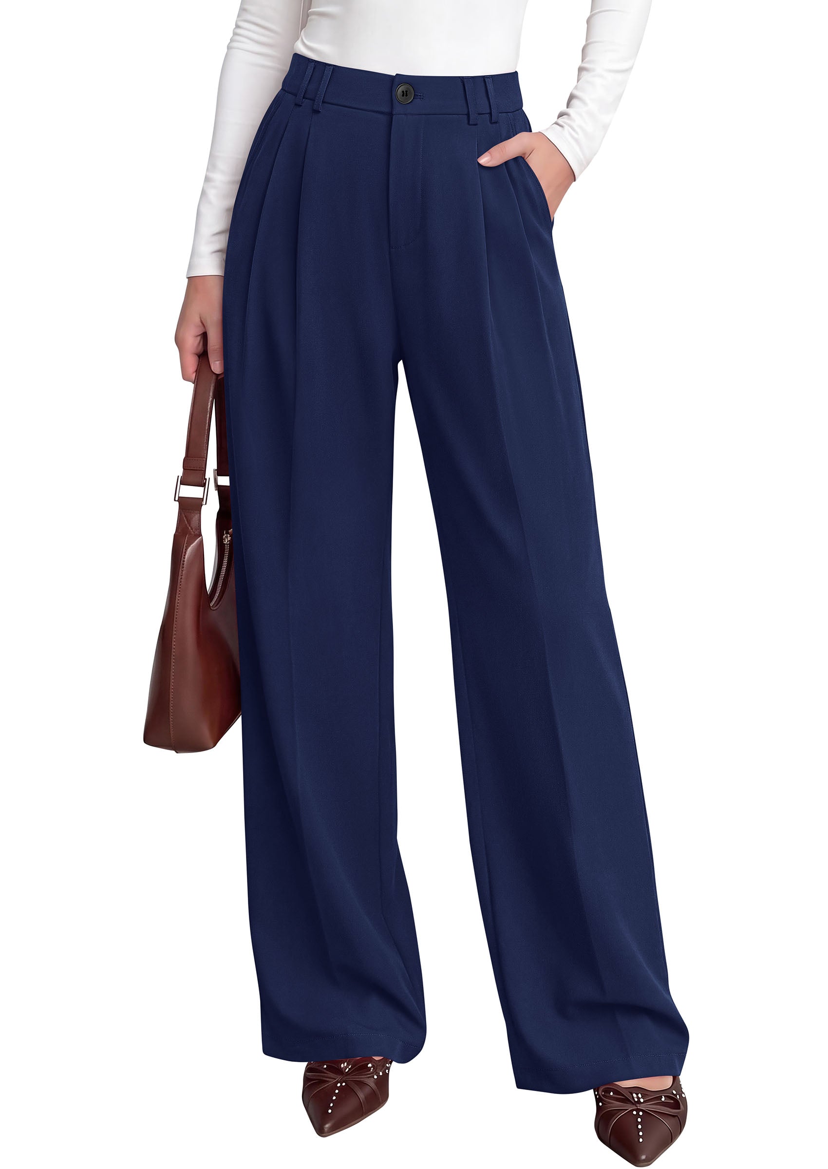 PRETTYGARDEN Women's Dress Pants Wide Leg Flowy Trousers | High Waisted Palazzo Pants, Pleated Front, Side Pockets, Work Office Wear, Business Casual Outfits, Fall Fashion Clothing
