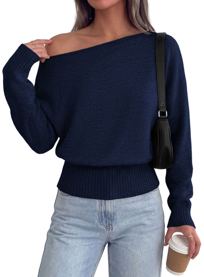 PRETTYGARDEN Womens Off The Shoulder Sweater Fall Fashion | Soft Stretchy Knit Fabric, Batwing Long Sleeve Cinched Waist Cropped Sweaters, Date Night Outfit, Asymmetrical Going Out Tops