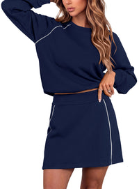 PRETTYGARDEN Women's Two Piece Outfits Matching Skirt Sets | Color Block Long Sleeve Top Sweatshirt, Mini Short Skirts, Elastic Waist Skorts Pocket, 2pc Workout Set, Fall Fashion Clothes