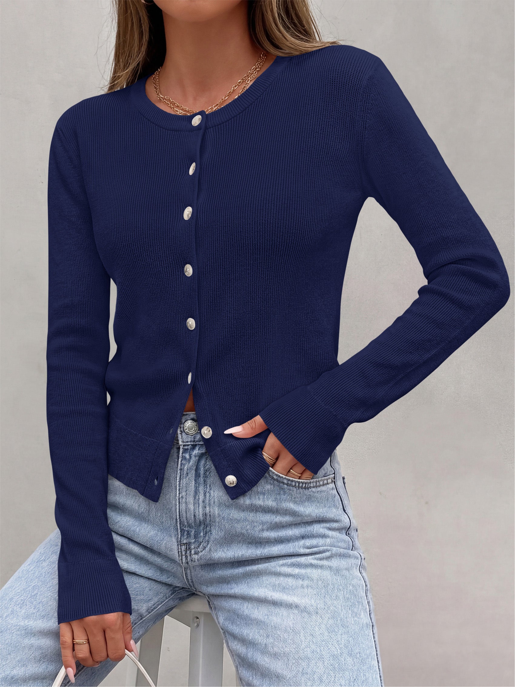 PRETTYGARDEN Fall Fitted Cardigan Sweaters for Women Button Down  | Basic Crewneck Long Sleeve Sweater Tops, Ribbed Trim, Slim Fit, Open Front, Daily Wear, Work, Date, Travel, Fashion Clothing