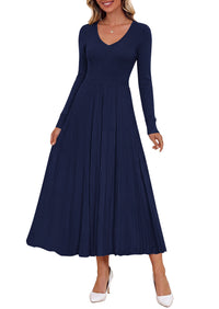 PRETTYGARDEN Women's Fall V Neck Pleated Midi Sweater Dress  Stretchy Ribbed Knit,Long Sleeve,A Line Flowy Skirt,Elegant Long Dresses for Wedding Guest,Work Office,Winter Party Outfits
