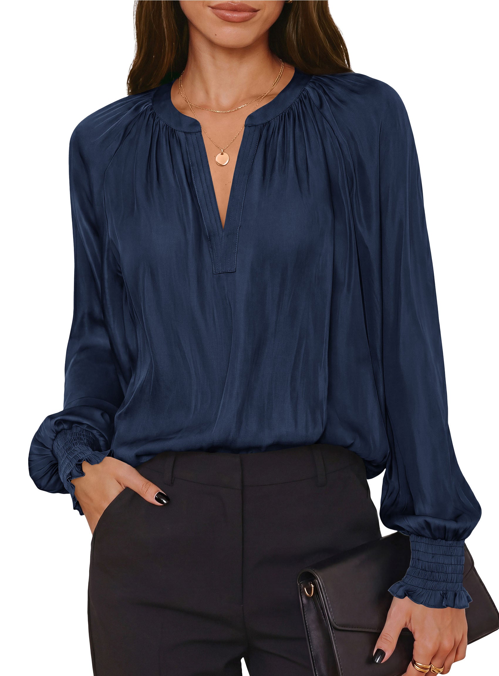 PRETTYGARDEN Women's Satin Blouses V Neck Long Sleeve Tops | Dressy Silk Shirts, Smocked Cuff, Balloon Sleeves, Smooth & Soft, Work Office Wear, Business Casual Outfits, Fall Clothes