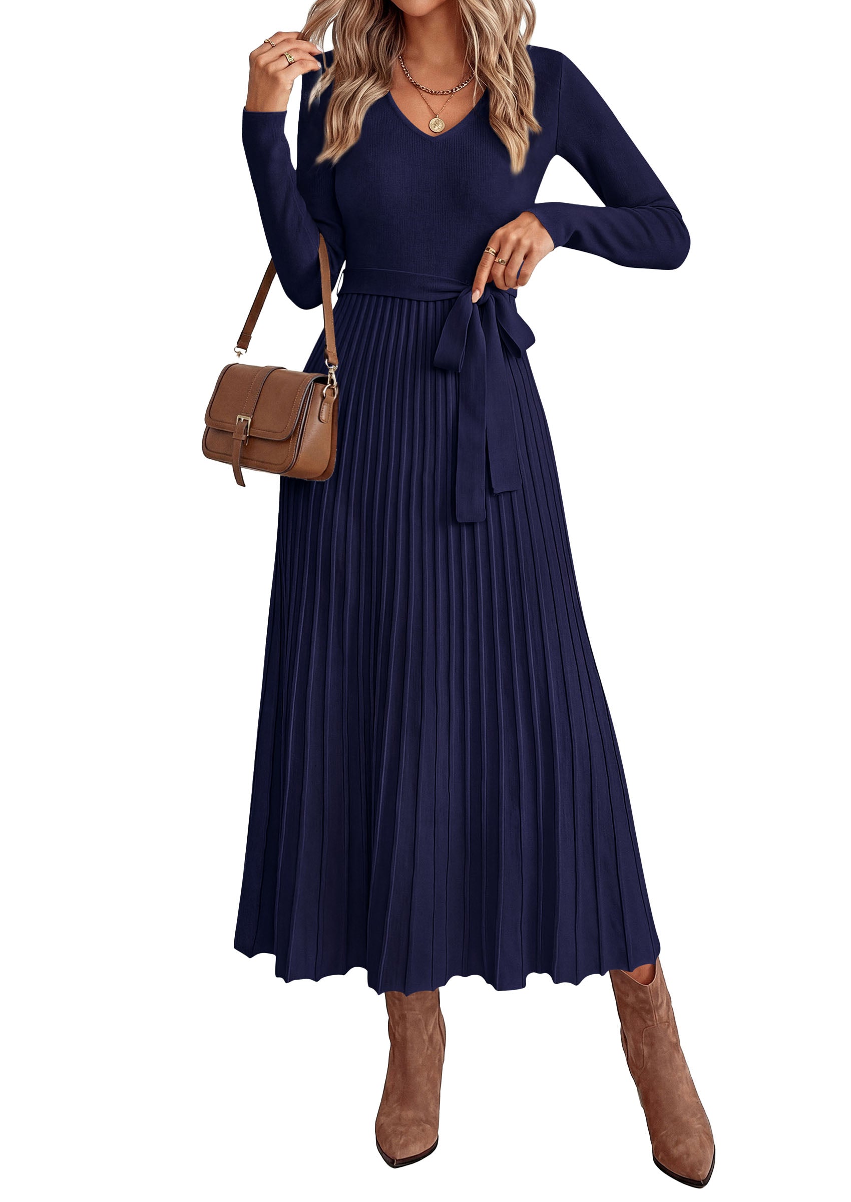 PRETTYGARDEN Womens Fall Maxi Long Sleeve Sweater Dress  Soft Stretchy Knit, V Neck A Line Dresses with Bow, Flowy Pleated Hem, Cocktail Party Outfits, Trendy Winter Clothes