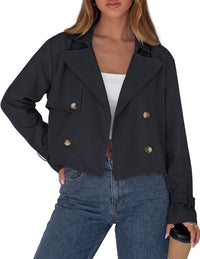 PRETTYGARDEN Cropped Trench Coat For Women Short Jacket  Soft Lightweight Coats, Lapel Double Breasted, Long Sleeve Loose Fit, Casual Work Office Jackets, Fall Winter Outwear