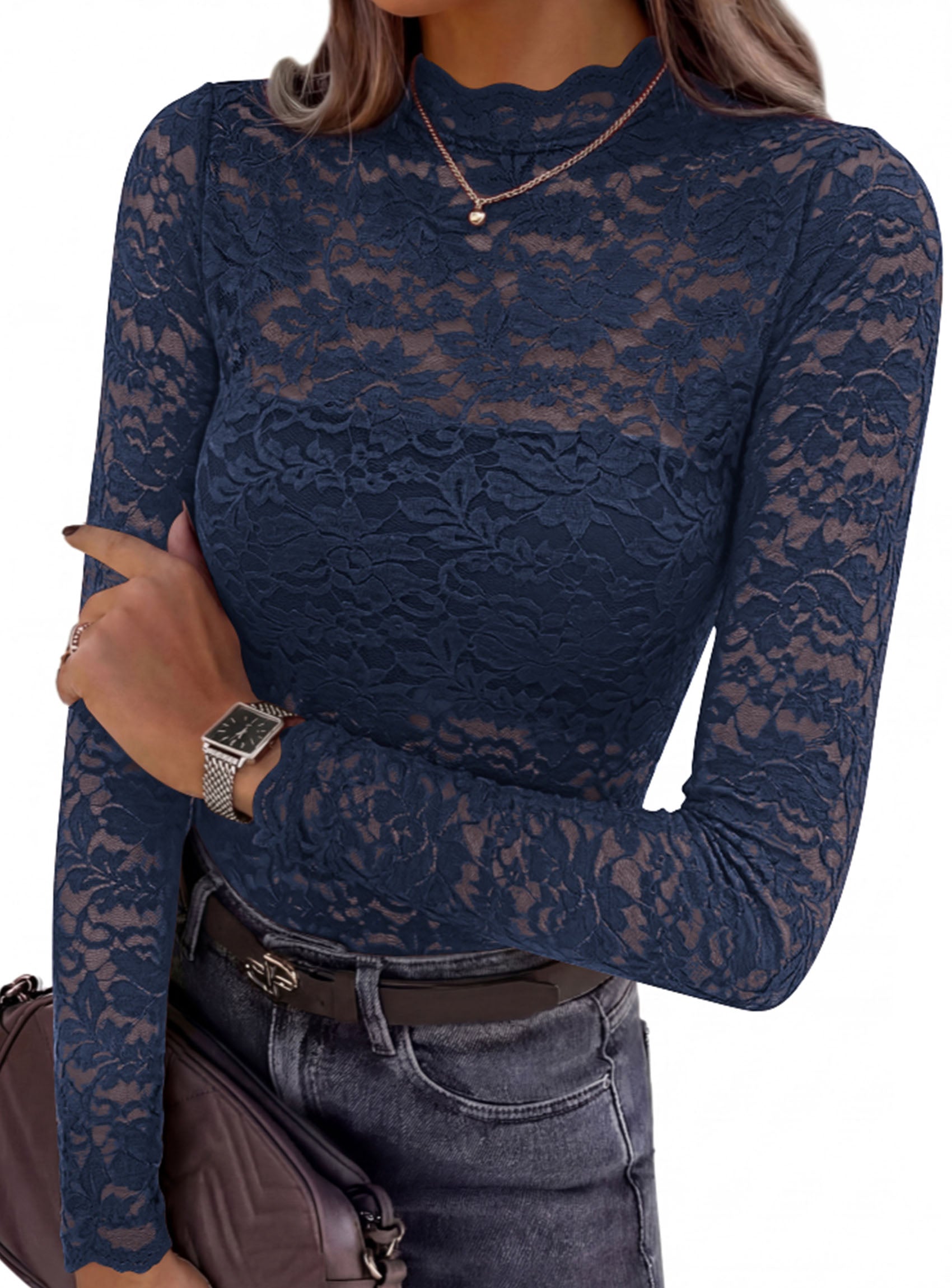 PRETTYGARDEN Womens Lace Long Sleeve Top Mesh Sheer Blouses Mock Neck See Through Slim Fitted Tops 2026 Fall Fashion Clothes
