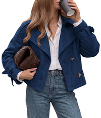 PRETTYGARDEN Women Faux Suede Double Breasted Trench Coat Cropped Jackets  Raglan Long Sleeve,Lapel,Tie Cuff,Button Down,Fall Fashion Outerwear,Winter Clothes,Work Office Casual Short Jacket