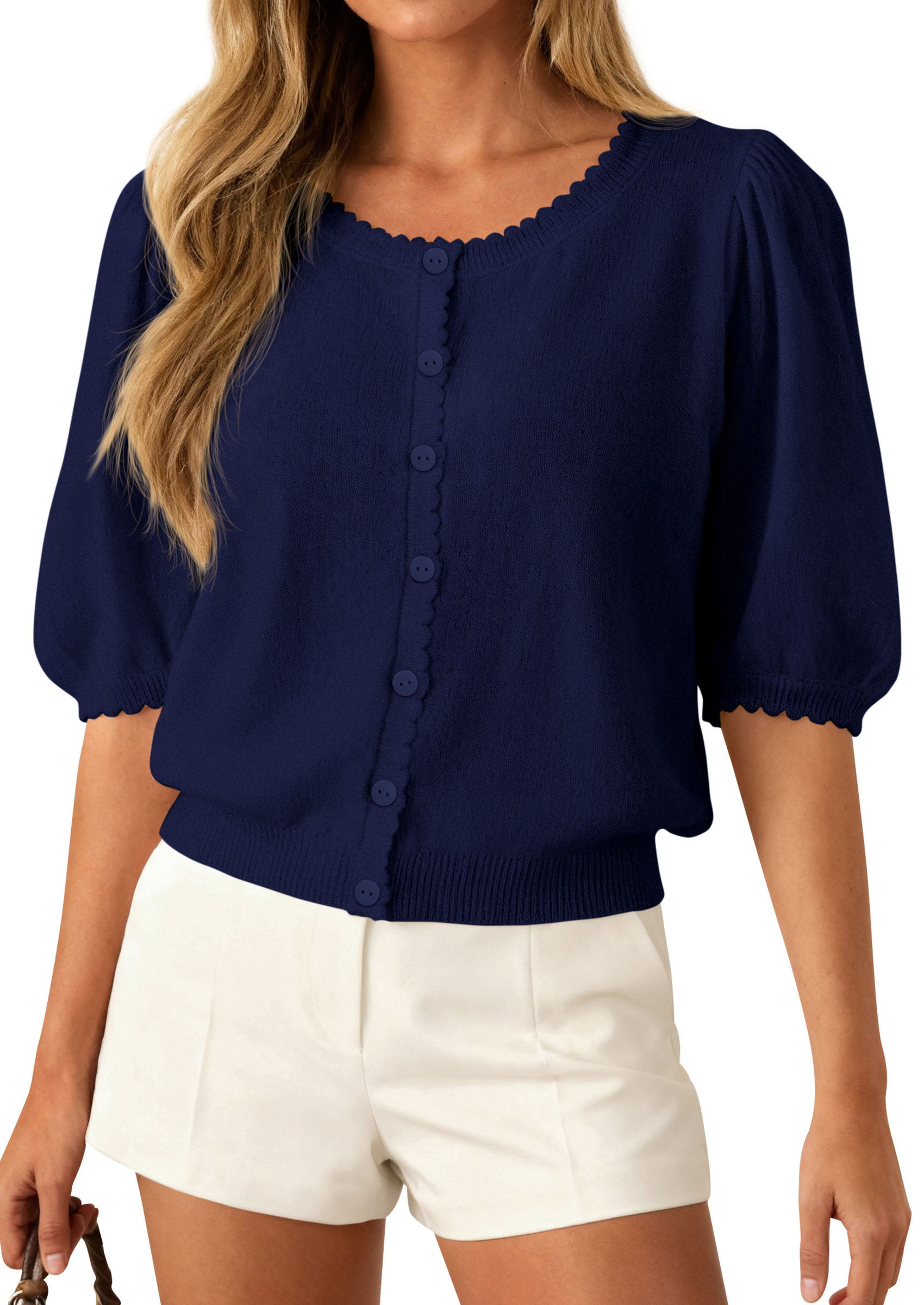 PRETTYGARDEN Puff Short Sleeve Cardigans for Women Lightweight 2026 Summer Shirts Button Up Knit Sweater Tops Spring Clothes PRETTYGARDEN