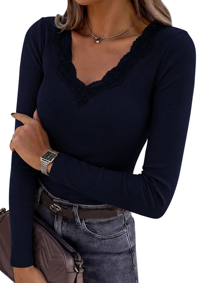 PRETTYGARDEN Women's Long Sleeve Shirts Lace Trim V Neck Ribbed Slim Fitted Basic Tees Y2K Going Out Tops 2026 Fall Clothes