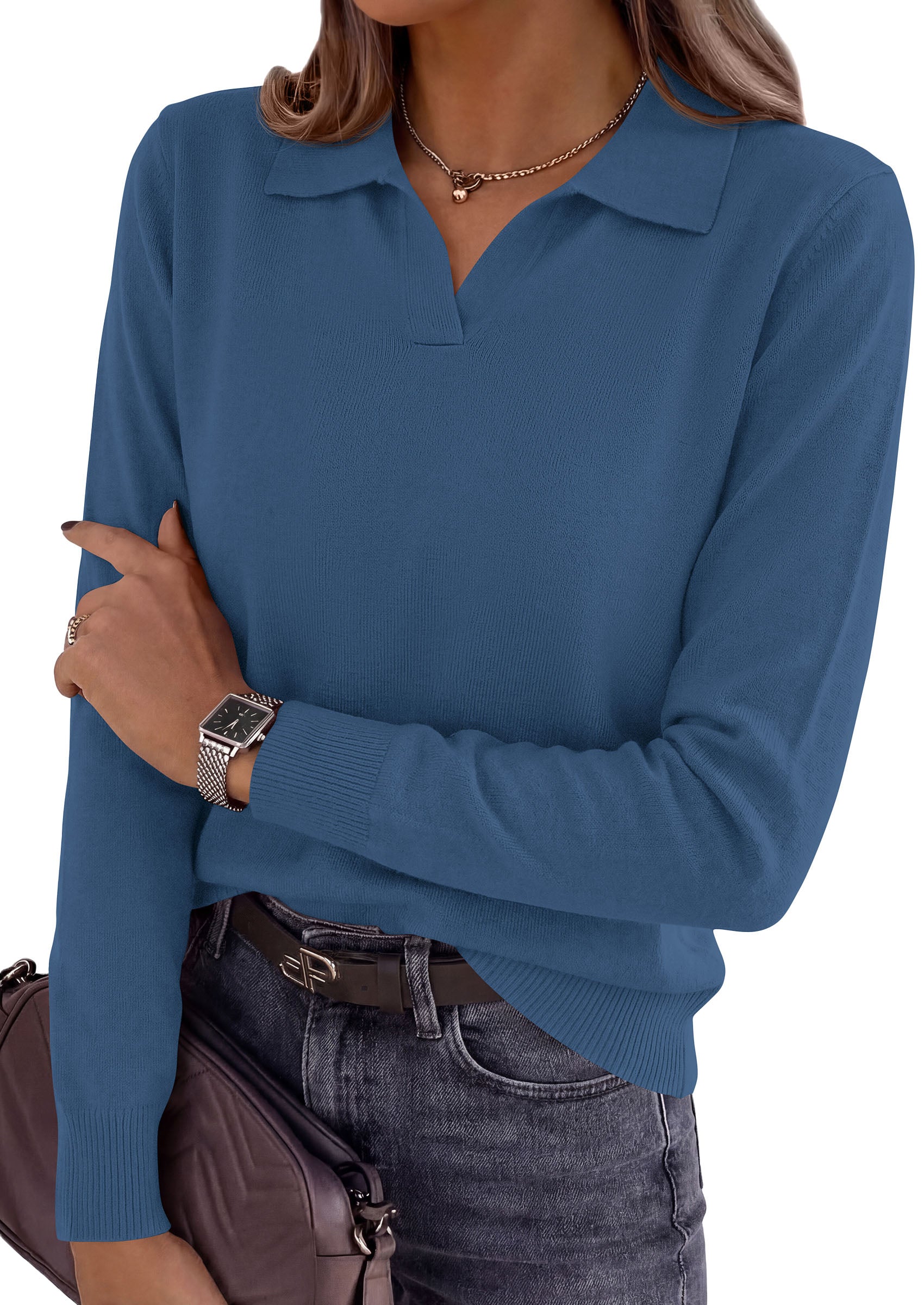PRETTYGARDEN Womens Long Sleeve Collared Polo Sweater V Neck Knit Ribbed Business Casual Pullover Sweaters 2026 Fall Outfits
