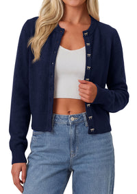 PRETTYGARDEN Womens Cropped Button Up Knit Cardigan Sweater | Cute Crewneck Long Sleeve Lightweight Tops, 2026 Fall Trendy Slim Fit Soft Cozy Casual Cardigans, Holiday Party Sweaters