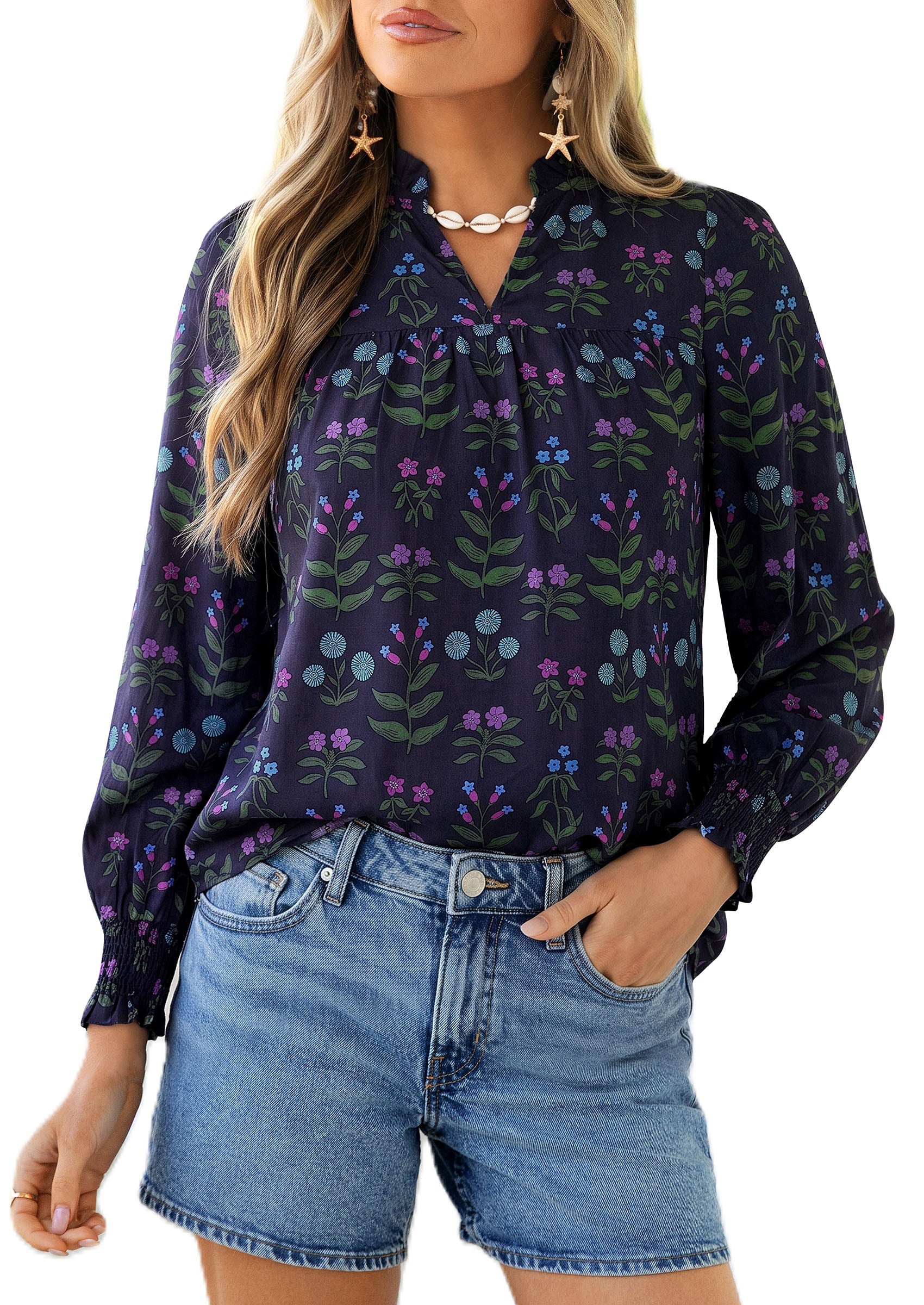 PRETTYGARDEN Women's Boho Floral Blouses Dressy Casual | Trendy Printed, Long Sleeve V Neck Tops, Bohemian Polka Dot Striped Shirt, Going Out Vacation Outfits, Fall Fashion Clothing