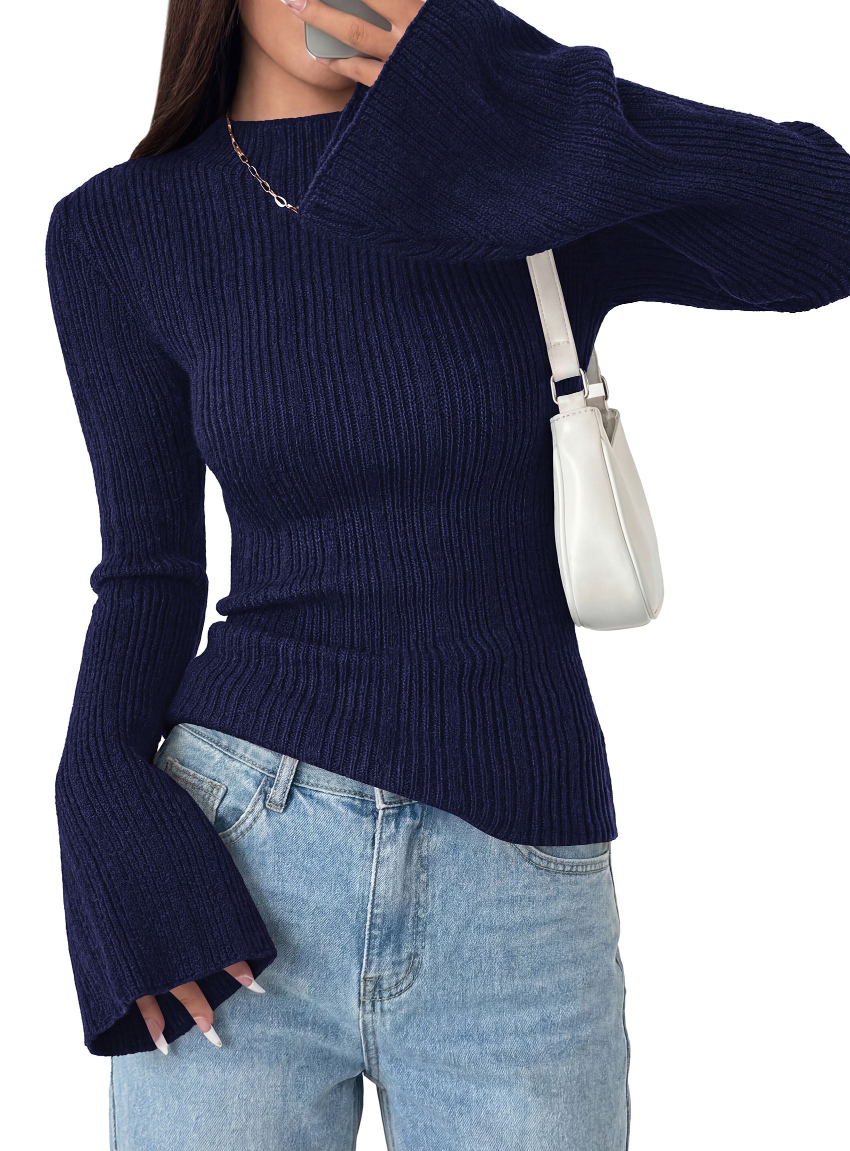 PRETTYGARDEN Sweaters for Women Lightweight Mock Neck Bell Long Sleeve Fitted Tops Ribbed Pullover 2026 Fall Fashion Clothing