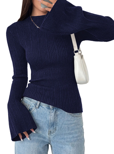 PRETTYGARDEN Sweaters for Women Lightweight Mock Neck Bell Long Sleeve Fitted Tops Ribbed Pullover 2026 Fall Fashion Clothing