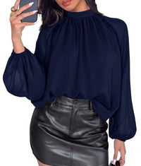 PRETTYGARDEN Womens Chiffon Blouses Dressy Casual Mock Neck Tops | Lightweight Fabric,Sheer Lantern Long Sleeve Shirts,Work Office Clothes,Daily Wear,Loose Flowy Going Out Fall Outfits