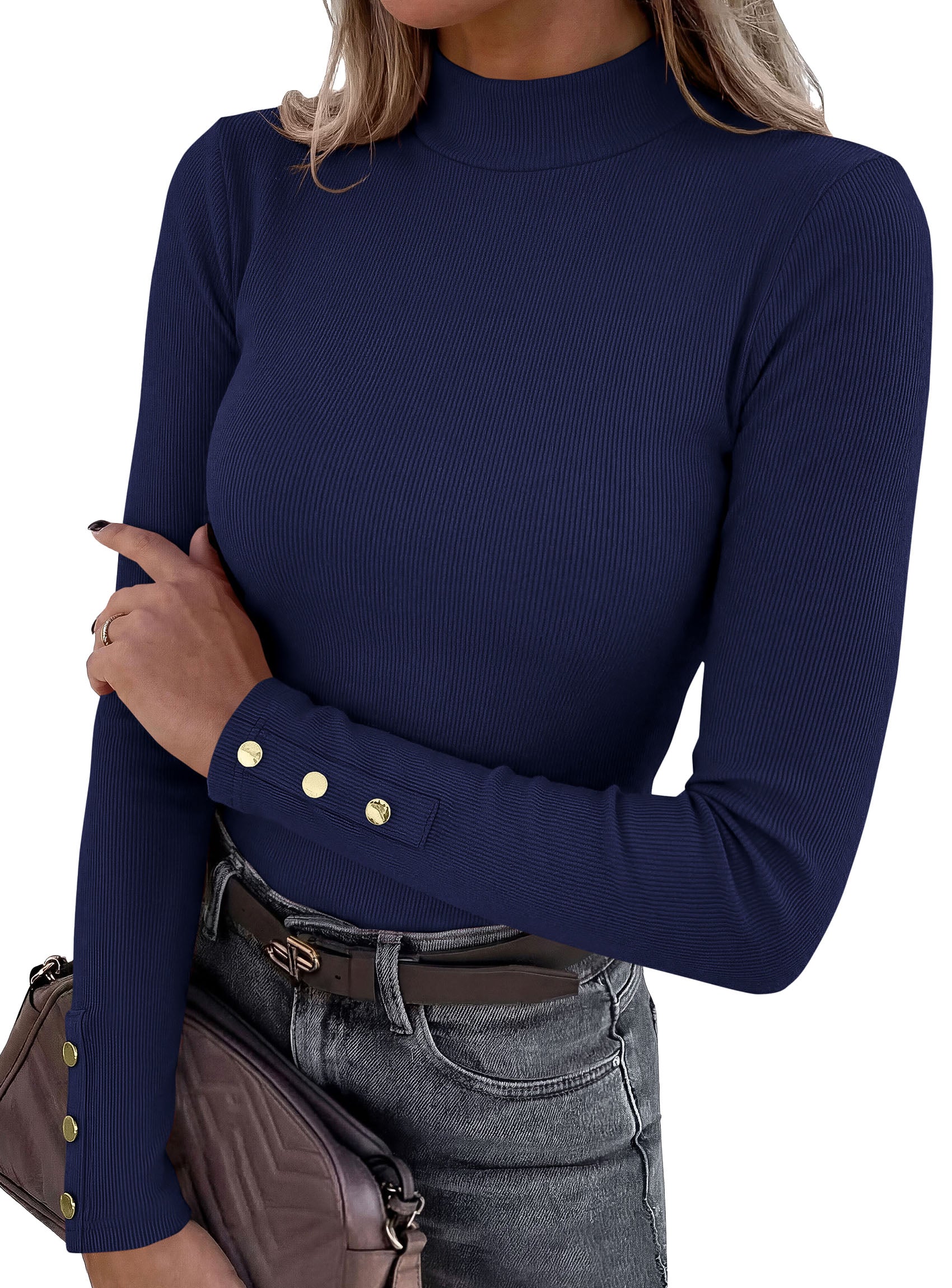 PRETTYGARDEN Women's Ribbed Mock Neck Long Sleeve Tops