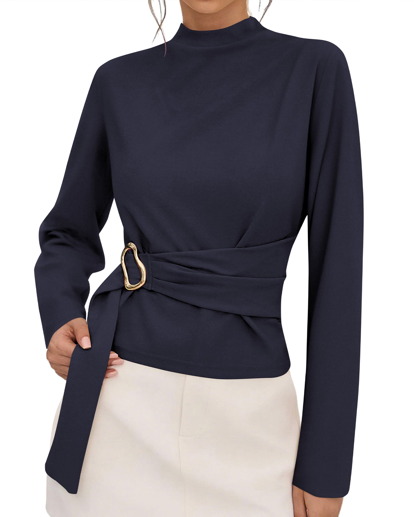 PRETTYGARDEN Women Blouses Fall Dressy Mock Neck Long Sleeve Work Shirts Buckle Belted Tunic Business Casual Tops