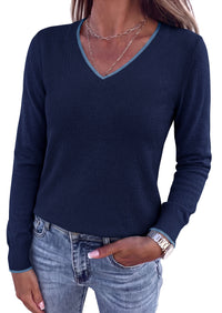 PRETTYGARDEN Women's V Neck Sweater Long Sleeve Knit Tops | Contrast Trim, Cozy Lightweight Pullover, Loose Basic Soft, Business Casual, Holiday Vacation Outfits, Fall Winter Clothes