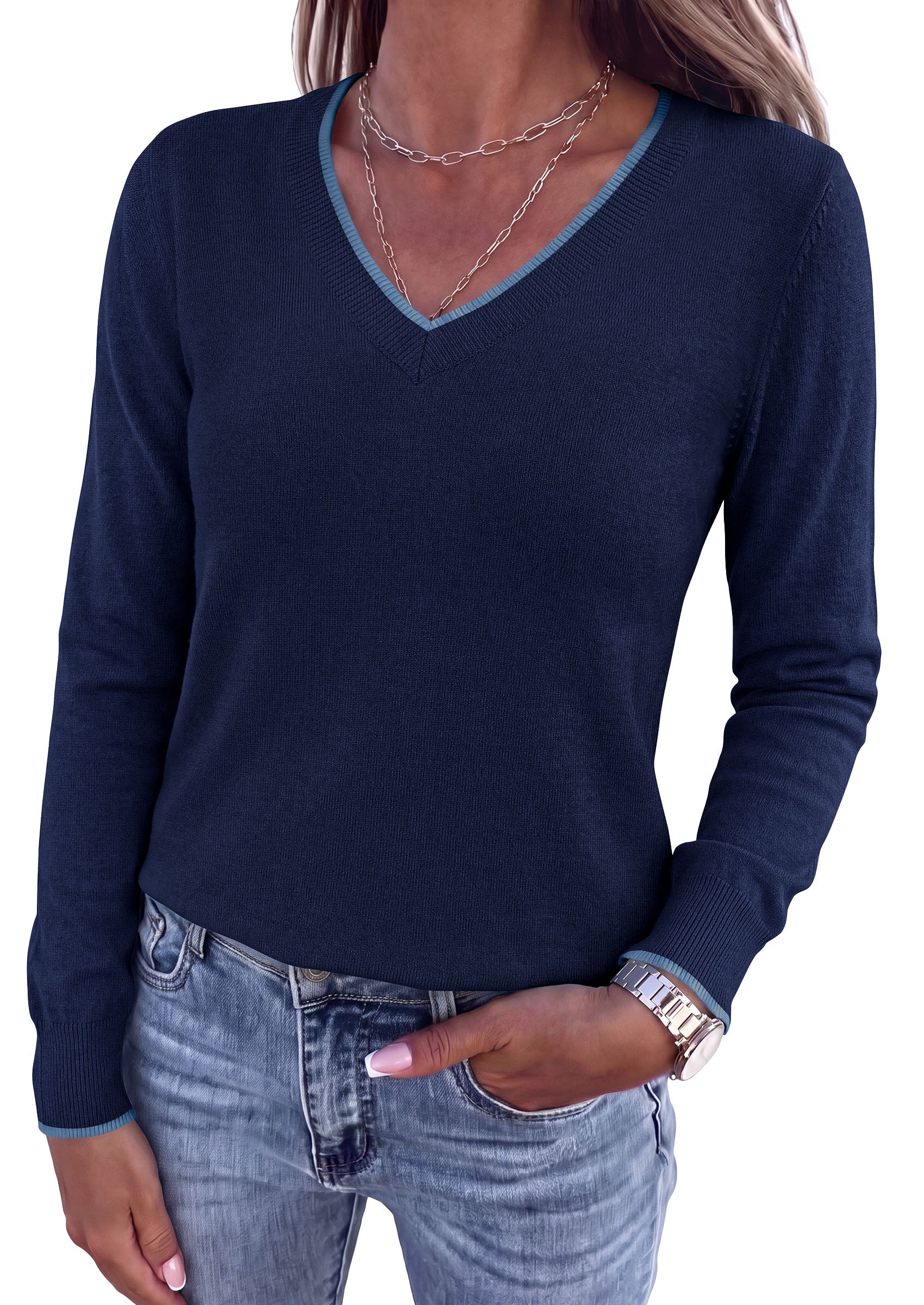 PRETTYGARDEN Women's V Neck Sweater Long Sleeve Knit Tops | Contrast Trim, Cozy Lightweight Pullover, Loose Basic Soft, Business Casual, Holiday Vacation Outfits, Fall Winter Clothes