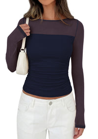 PRETTYGARDEN Women's 2026 Fall Long Sleeve T Shirts Sheer Mesh Boat Neck Ruched Fitted Going Out Summer Tops Fashion Clothing