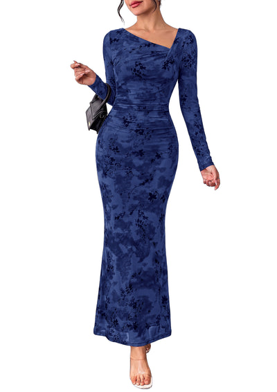 PRETTYGARDEN Womens Fall Asymmetrical Neck Formal Wedding Guest Maxi Dress  Slim Fit Mesh Floral, Ruched Bodycon Long Sleeve, Elegant Cocktail Party, Homecoming Fall Winter Dresses